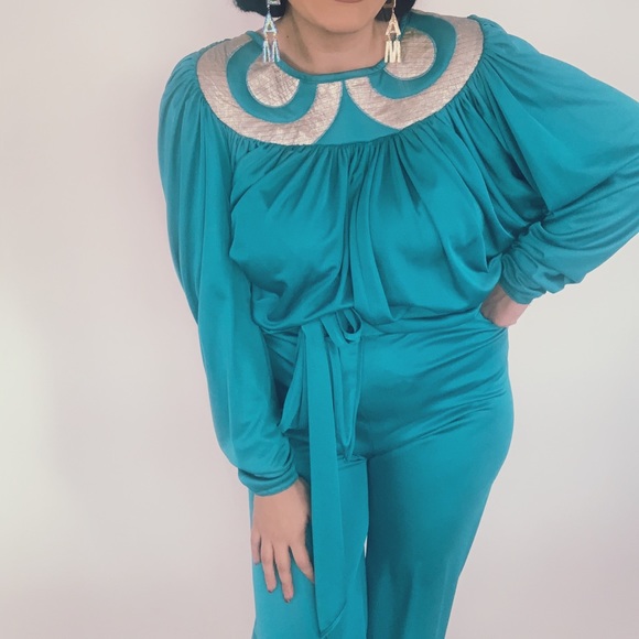 Vintage 60s Space age Teal Silver Pant Blouse Set - Picture 3 of 8